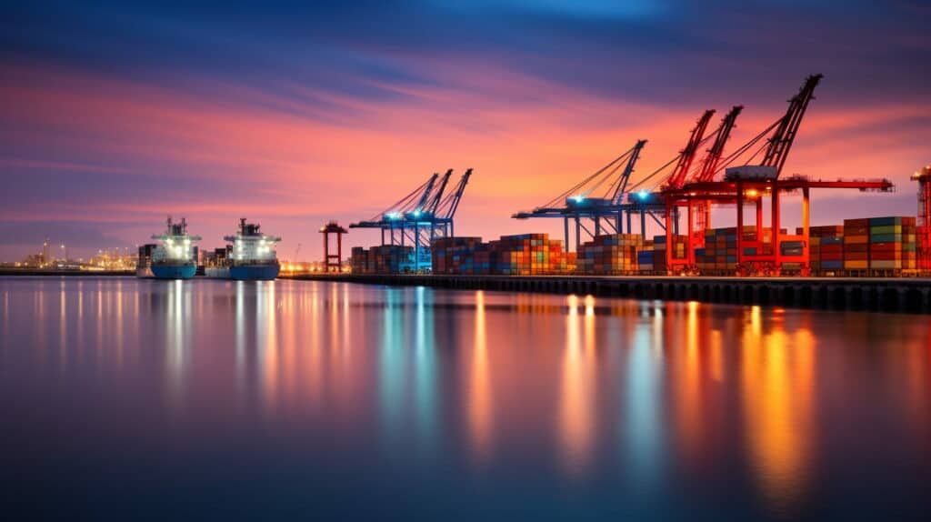 A photograph of a bustling international trade port, ships laden with multicolored containers, dwarfed by towering cranes against a dawn sky.
