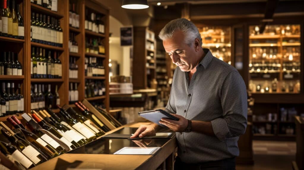 owner of wine store looking at multi-MID merchant accounts on his tablet