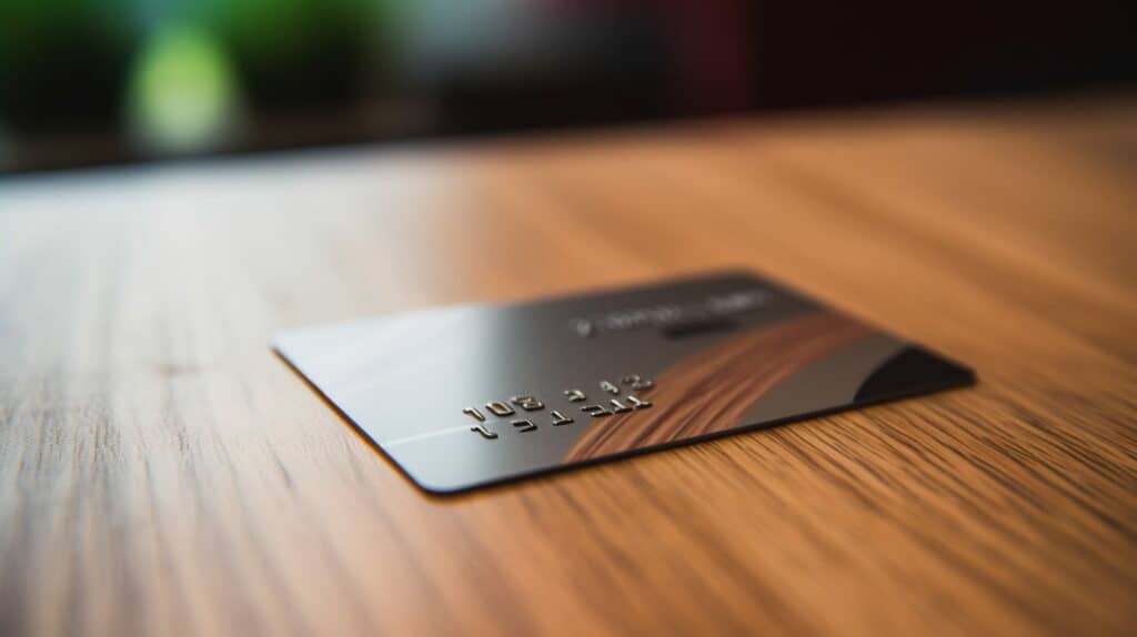 close up of a credit card on a wood table