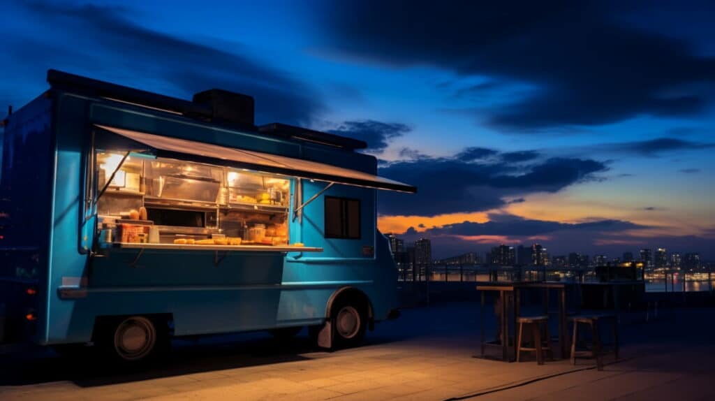 food truck with city skyline in the background