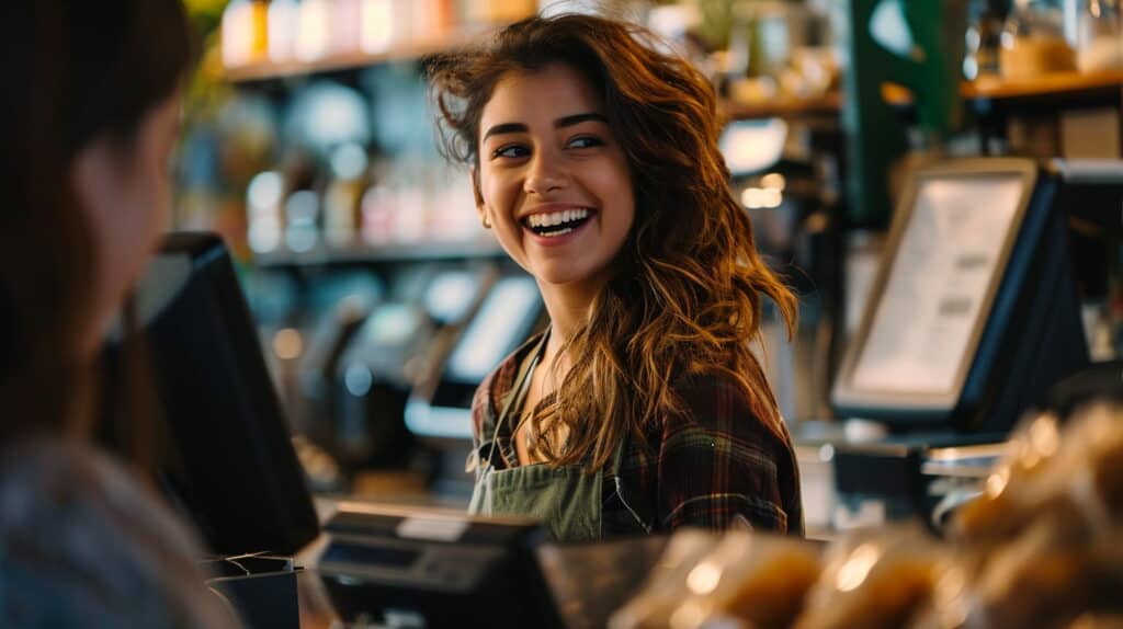 lady cashier using a clover pos system smiling at customer